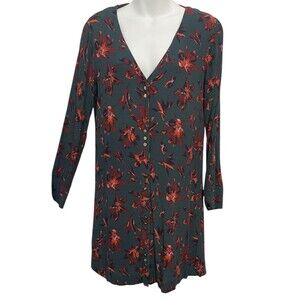 Madewell Women’s Green Floral Button Front Easy Tunic Dress Long Sleeve SZ S